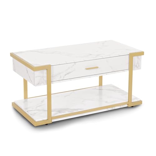 Barberpub Couchtisch Gold, Beistelltisch mit Schublade, Sofatisch mit 2 Ablagen, Moderner Wohnzimmertisch Metall, Kaffeetisch für Wohnzimmer, Schönheitssalon, Marmor-Weiß, 50x100,5x48cm, 2141 von Barberpub