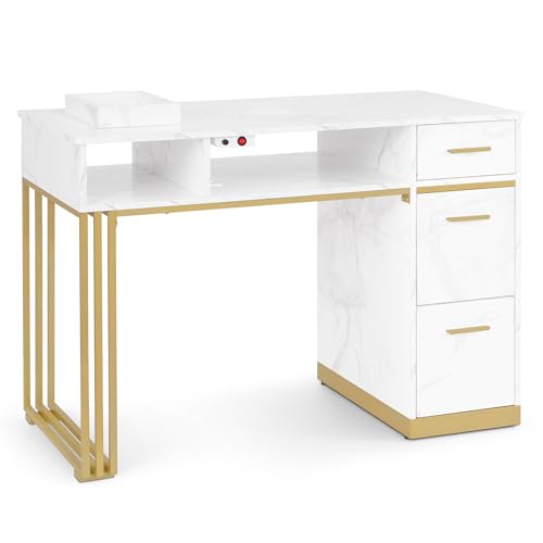 Barberpub Manikürtisch mit 3 Schubladen & 2 Ablagen, Nageltisch mit Absaugung, 2 Staubsaugerbeuteln, Nagelfrisiertisch Holz, Schreibtisch für Nagelstudio, Marmor-Weiß Gold, 57x112x80cm, 2472 von Barberpub