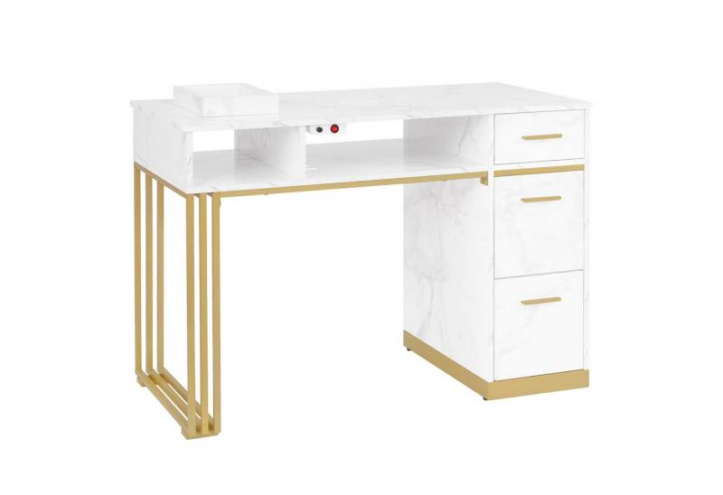 Barberpub Schreibtisch BarberPub Maniküretisch, Nageltisch mit Absaugung, Marmor-Weiß, 2472, mit 3 Schubladen & 2 Ablagen, 2 Staubsaugerbeuteln, Marmor-Weiß Gold von Barberpub