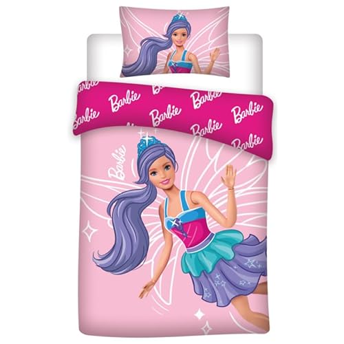 Barbie Déco Girl – Bettwäsche für Babys, Baumwolle, wendbar, Pink – Bettbezug 100 x 135 cm, Kissenbezug 40 x 60 cm von Barbie