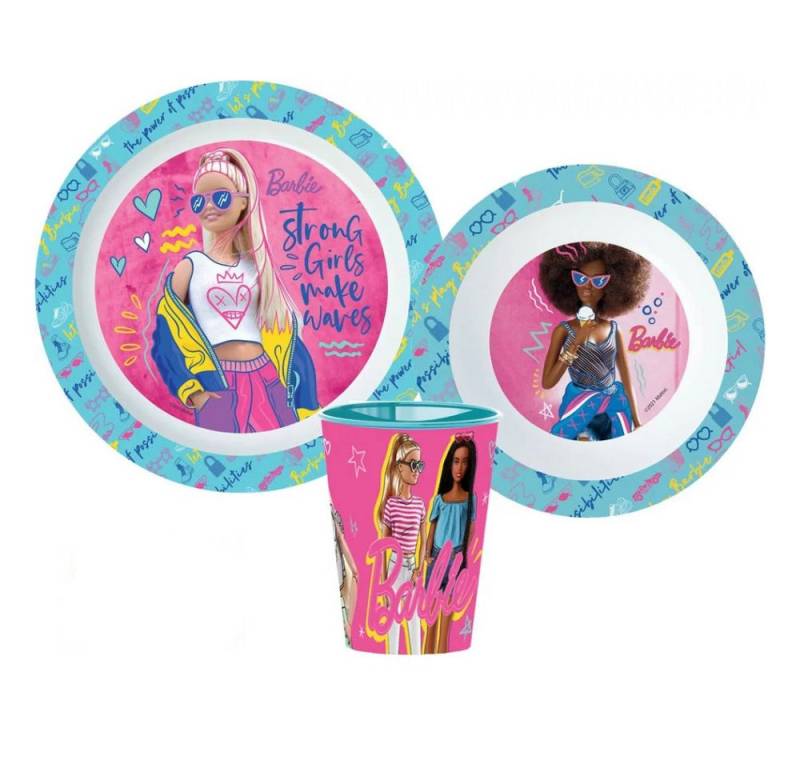 Barbie Kindergeschirr-Set Barbie Kinder 3 teiliges Frühstücks Set Teller und Schüssel Becher (3-tlg), 1 Personen, BPA-Frei von Barbie