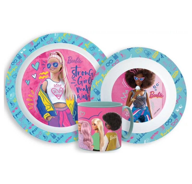 Barbie Kindergeschirr-Set Barbie Kinder 3 teiliges Frühstücks Set Teller und Schüssel und Becher (3-tlg), 1 Personen, Kunststoff von Barbie