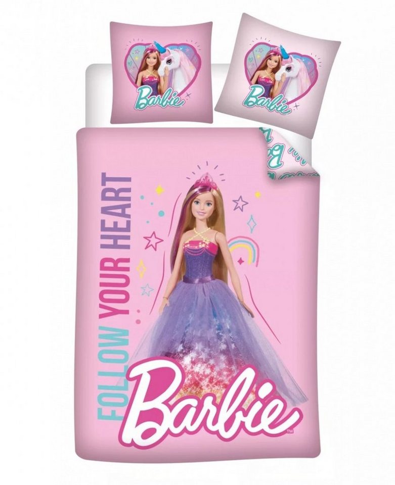 Kinderbettwäsche Follow Your Heart Bettwäsche Set Rosa Kinder Wendebettwäsche 100x135cm, Barbie von Barbie