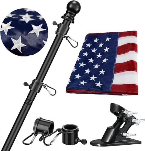 Amerikanische Flagge mit Stange für Haus, 1,8 m, schwarzes Flaggenmast-Set mit bestickter US-Flagge und Montagehalterung, verhedderungsfreier Veranda-Flaggenmast mit Flagge für den Außenbereich von Barcetine
