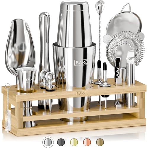 BARE BARREL® Mixology Barkeeper Kit Bar Set | 16-teiliges Cocktail-Shaker Set | Martini Barware Mixing Tools für Home Barkending | inkl. 35 Rezeptkarten | Geschenkset (793.8 g Boston Shaker, von Bare Barrel