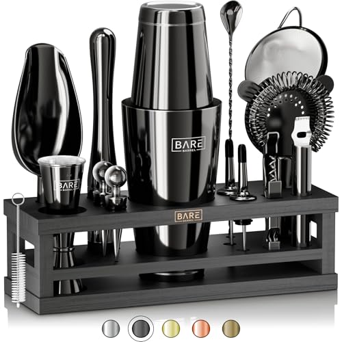 BARE BARREL® Mixology Barkeeper-Set Bar-Set | 16-teiliges Cocktail-Shaker-Set | Martini-Barware Mixwerkzeuge für zu Hause | inkl. 35 Rezeptkarten | Geschenkset (793.8 g Boston Shaker, Jet Black/Black) von Bare Barrel