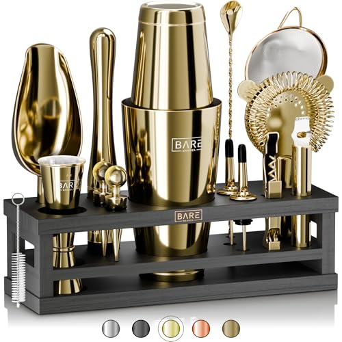 BARE BARREL® Mixology Barkeeper-Set Bar-Set | 16-teiliges Cocktail-Shaker-Set | Martini-Barzubehör Mixwerkzeuge für zu Hause | inkl. 35 Rezeptkarten | Geschenkset (793.8 g Boston Shaker, Gold/Schwarz) von Bare Barrel