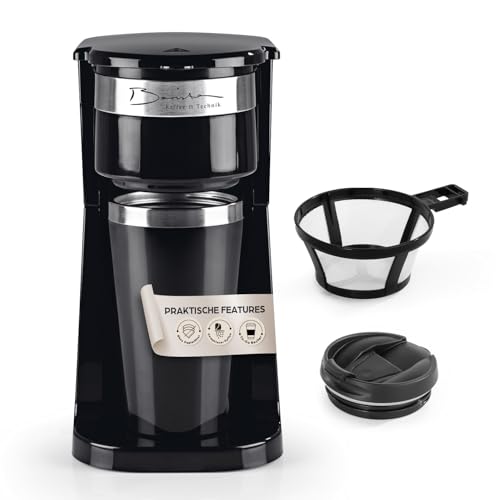 Barista Single Kaffeemaschine to go 750 Watt | kompakte Filterkaffeemaschine mit Thermobecher | kleine, tragbare Coffee to go Maschine | Inkl. Isolierbecher & Nylon-Permanentfilter - Schwarz, Silber von Barista Kaffee & Technik