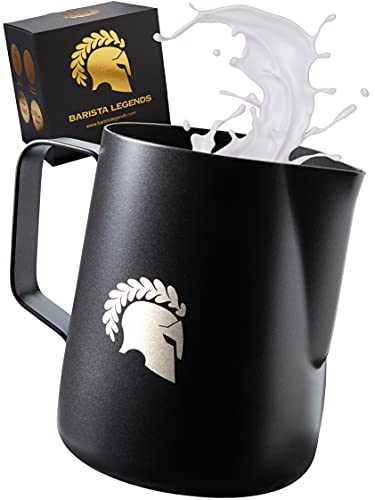 Barista Legends® Milchkännchen Edelstahl Schwarz matt 1000ml mit speziellem Latte Art Ausguss für perfekten Milchschaum - Milchschaumkännchen mit Teflon Beschichtung (Schwarz 1000ml) von Barista Legends
