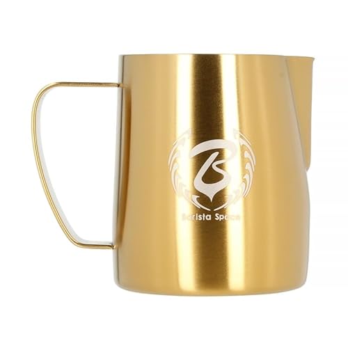 Barista Space Polished Silver Milk Jug optimal für Latte Art mit präziser Ausgusstülle, leicht und handlich, empfohlen von Weltmeistern – silverGolden - 350ml von Barista Space