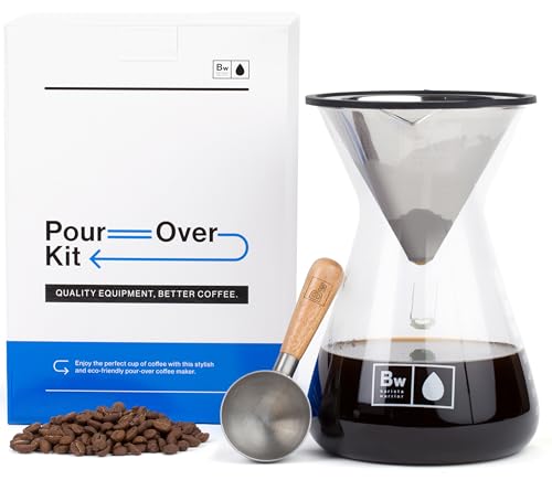 Barista Warrior Pour Over Kaffeebereiter-Set – Pour Over Kit enthält große Glaskaraffe und wiederverwendbaren Tropf-Kaffeefilter und Kaffeeschaufel – 7 Tassen Tropfkaffeebrauer (1000 ml) von Barista Warrior
