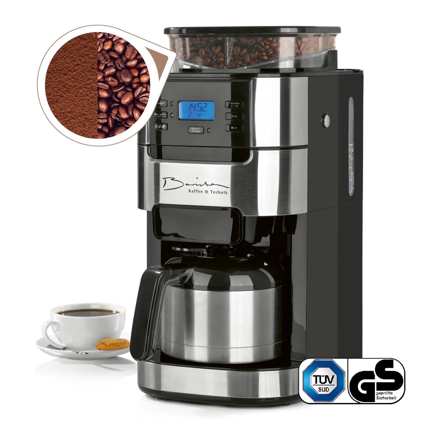 Kaffeemaschine mit Mahlwerk mit Isolierkanne - 1000 Watt - Edelstahl/schwarz von Barista