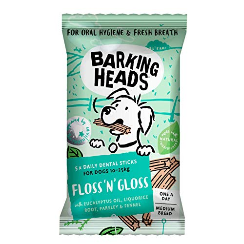 Barking Heads Treats Floss 'n' Gloss Medium Breed 50 Kauspielzeug (10 Packungen mit 5 Stäbchen in jeder Packung), Grün von Barking Heads
