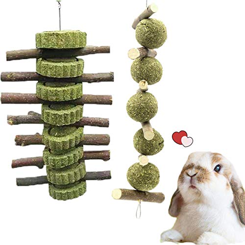 Barley Ears Kauspielzeug für Kaninchen, Hamster, Kauspielzeug mit Apfelholzstäbchen, natürlicher Graskuchen und Grasball, Zähneknirschen, Spielzeug für Kaninchen, Hamster,2 Stück von Barley Ears
