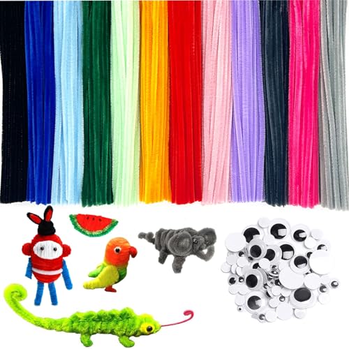 Barlone 100 Stück Pfeifenreiniger, 12 Farbe Pfeifenputzer zum Basteln Lang 30cm mit 56 Wackelaugen Selbstklebend, Pfeifenreiniger zum Basteln für DIY Handwerksprojekte, Biegeplüsch Kunst Pipe Cleaner von Barlone