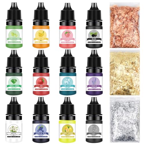 Barlone Epoxidharz Farbe Set, 12 Konzentrierte Flüssiger Epoxidharz Farben mit 3g Blattgold, Resin Farbe für Epoxy Resin Kunst, Kunstharz Handwerk, Malerei, Schmuck, je 5 ml von Barlone