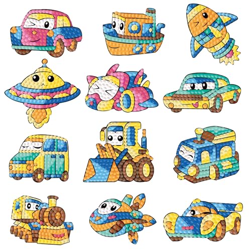Barlone 12 Stück Diamond Painting Sticker, Diamond Painting Kinder ab 4 5 6, DIY Auto Cartoon Diamant-painting Aufkleber Set, Klebebilder für Kinder Junge Mädchen Erwachsene Anfänger von Barlone