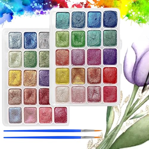 Barlone 20 Farben Metallic Aquarellfarben Set, 2 Stück Aquarell Watercolor Set, Metallic Wasserfarben, Solid Glitzer Aquarellfarben, Löslich und Mischbar, für Kinder, Anfänger und Profis von Barlone
