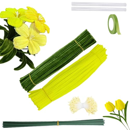 Barlone 200 Stück Lilie Pfeifenreiniger Blumen, DIY Pipe Cleaner, 2 Farben Pfeifenputzer Zum Basteln, mit 13 Stück Grün Basteldraht, Klebeband, Pfeifenreiniger Blumen Staubblatt, Klebestifte(Gelb) von Barlone