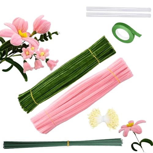 Barlone 200 Stück Lilie Pfeifenreiniger Blumen, DIY Pipe Cleaner, 2 Farben Pfeifenputzer Zum Basteln, mit 13 Stück Grün Basteldraht, Klebeband, Pfeifenreiniger Blumen Staubblatt, Klebestifte von Barlone