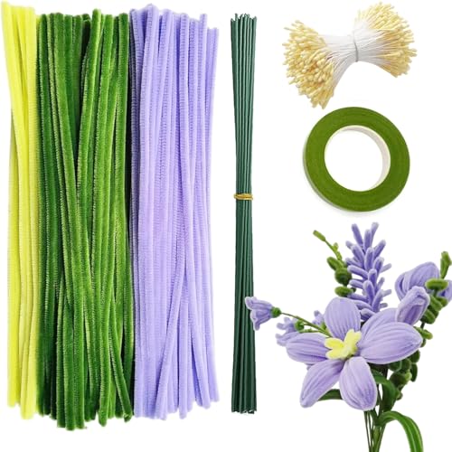Barlone 210 Stück Pfeifenputzer zum Basteln Blumen, Pfeifenreiniger Blumen Set, Pipe Cleaner Flower Set für DIY Blumenstrauß, 3 Farben Chenilledraht mit 1 Klebeband, 15 Blumendraht, 100 Staubgefäß von Barlone
