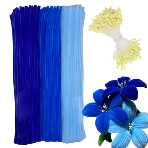 Barlone 300 Stück Pfeifenreiniger zum Basteln Blumen, Pfeifenreiniger Blau mit 350 Gelb Staubgefäße, Pipe Cleaner Flower Set, Pfeifenputzer für Blumen, Tiere oder, DIY Bastelprojekte von Barlone