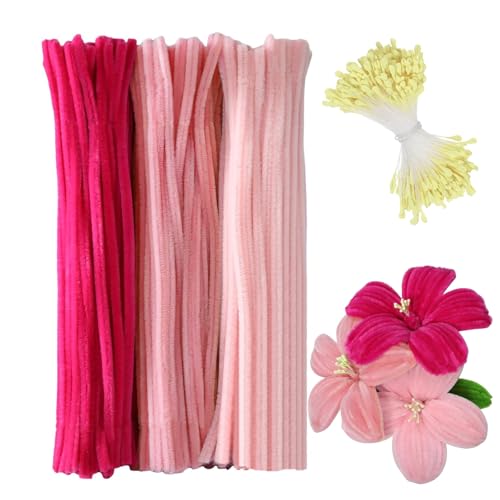 Barlone 300 Stück Pfeifenreiniger zum Basteln Blumen, Pfeifenreiniger Rosa mit 350 Gelb Staubgefäße, Pipe Cleaner Flower Set, Pfeifenputzer für Blumen, Tiere oder, DIY Bastelprojekte von Barlone