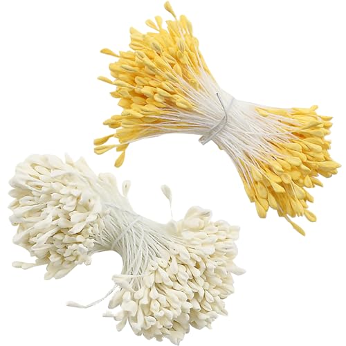 Barlone 700 Stück Pfeifenreiniger Blumen Staubblatt mit Zwei Perlen Köpfen 3mm, Pfeifenreiniger zum Basteln, Tulpe Blumenstrauß Pfeifenreiniger Zubehör für DIY Handwerksprojekt(Gelb+Weiß) von Barlone
