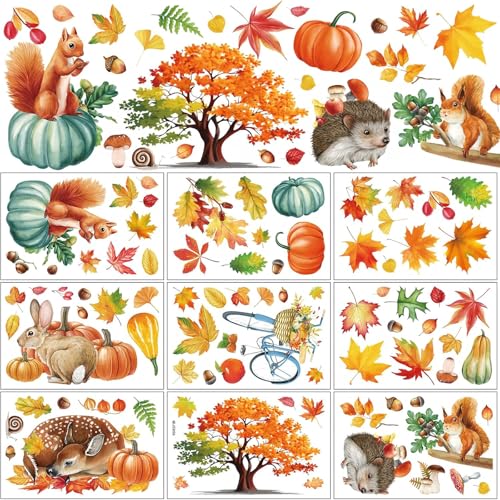 Barlone Fensterbilder Herbst Selbstklebend - 84 Stück Wiederverwendbare Doppelseitig Herbstdeko für Fenster (9 Blätter) | Thanksgiving Fenstersticker | Für Kinder & Erwachsene | PVC Dekoration von Barlone