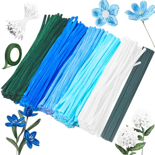Barlone Pfeifenreiniger Blumen Set, 5 Farben Pfeifenputzer zum Basteln Blumen für Blumenstrauß DIY Basteln, 250 Stück Pipe Cleaner Flower Set mit 1 Klebeband, 15 Blumendraht, 100 Staubgefäß von Barlone