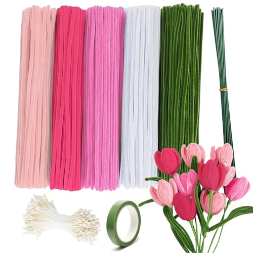 Barlone Pfeifenreiniger Blumen Set, 5 Farben Pfeifenputzer zum Basteln Blumen für Blumenstrauß DIY Basteln, 250 Stück Pipe Cleaner Flower Set mit 1 Klebeband, 15 Blumendraht, 100 Staubgefäß von Barlone