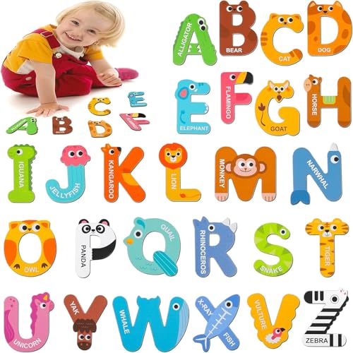 Barlone 26 Stück Kühlschrank Magnete Kinder - ABC Großbuchstaben Set für Magnettafel & Pinnwand, Pädagogisches Lernspielzeug ab 3 Jahren mit Tier Motiven | Süße Dekorative Holzspielzeug Geschenkidee von Barlone