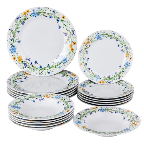 Baroni Home 18-teiliges Tafelservice aus Porzellan und Steingut, Service für 6 Personen, bunte Tische, Teller-Set mit Suppenteller, flachen Teller, Obst- oder Desserteller, Feldblumen von Baroni Home