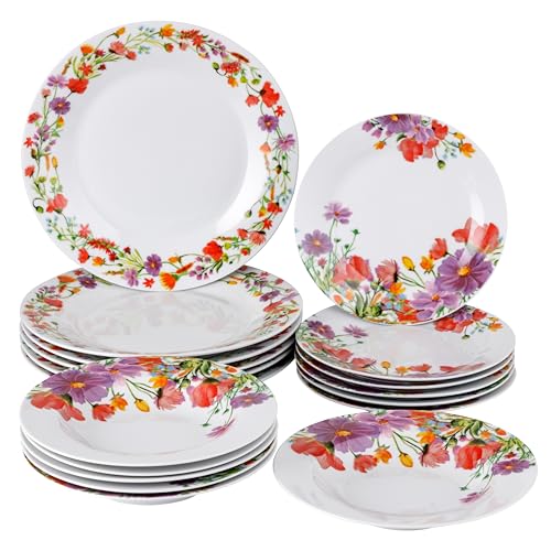 Baroni Home 18-teiliges Tafelservice aus Porzellan und Steingut, Tellerservice für 6 Personen, bunt, Teller-Set mit Suppenteller, flachen Teller, Obst- oder Desserteller, Mohnblumen von Baroni Home