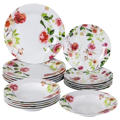 Baroni Home 18-teiliges Tafelservice aus Porzellan und Steingut, Tellerservice für 6 Personen, bunte Tische, Teller-Set mit Suppenteller, flachen Teller, Obst- oder Desserteller, Rose-Stil von Baroni Home