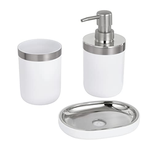 Baroni Home 3-teiliges Badezimmer-Set aus robustem Kunststoff, modernes Badezimmer-Set, bestehend aus Spender, Becher und Seifenschale, Weiß und Silber von Baroni Home