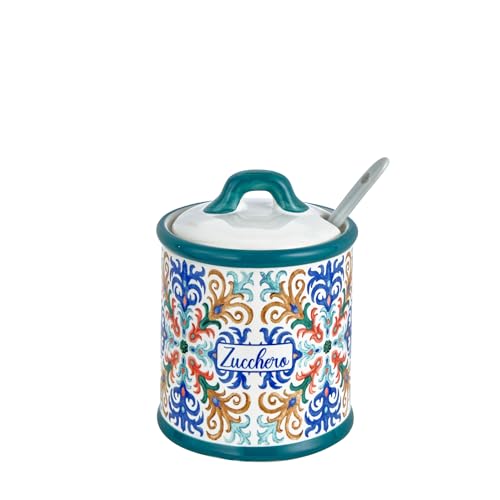 Baroni Home Dekorierte Zuckerdose aus Keramik mit Deckel und Löffel inklusive, Küchenzubehör, bunt, strapazierfähig, Linie Capri, 8 x 8 x 10 cm von Baroni Home