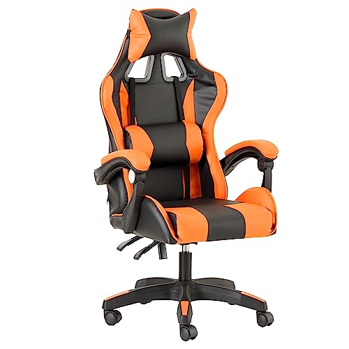 Baroni Home Gaming-Stuhl, ergonomischer Bürostuhl, gepolstert Gaming Sessel mit bequemer, Verstellbarer Rückenlehne, Gamer Chair mit Kopfstütze und Lendenwirbelstütze, Orange von Baroni Home