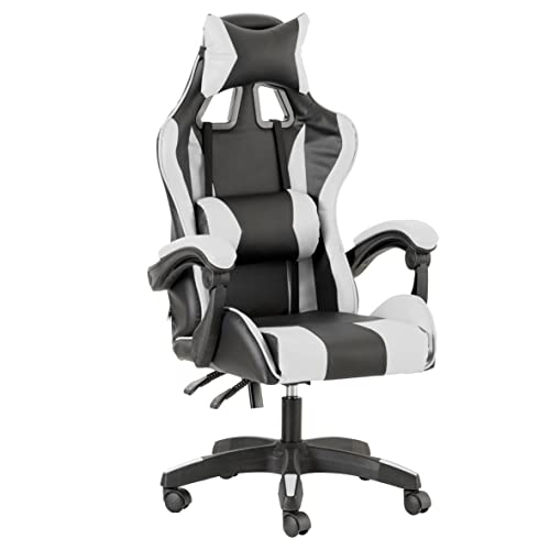 Baroni Home Gaming-Stuhl, ergonomischer Bürostuhl, gepolstert Gaming Sessel mit bequemer, Verstellbarer Rückenlehne, Gamer Chair mit Kopfstütze und Lendenwirbelstütze, Weiß von Baroni Home
