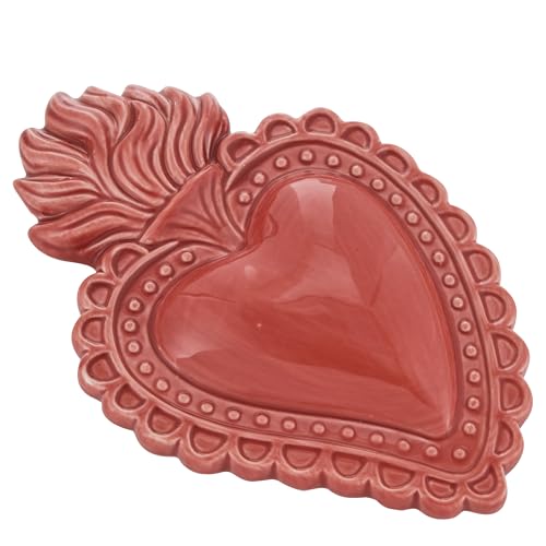 Baroni Home Heiliges Herz Ex-Voto aus handbemalter Keramik mit Flamme, traditionelle sakrale Kunst, Wanddekoration für das Zuhause, Koralle, 16x11 cm von Baroni Home