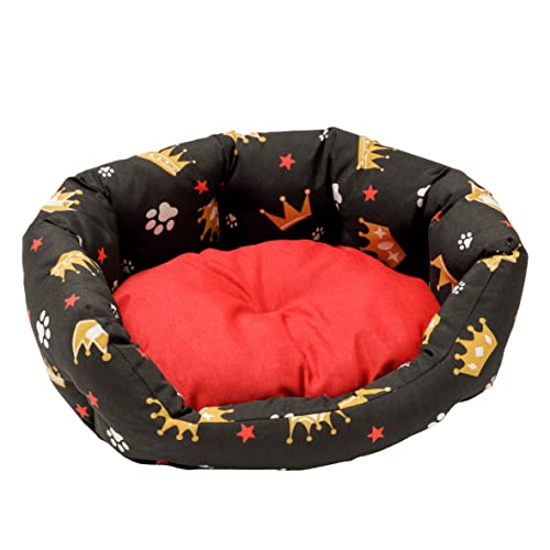 Baroni Home Hundebett aus Stoff, Größe M, weiches rundes Hundematte für Hunde und Katzen, bequem, für Schlafzimmer Wohnzimmer Flur, waschbar (45x55 cm, Rot und Schwarz mit Kronen) von Baroni Home