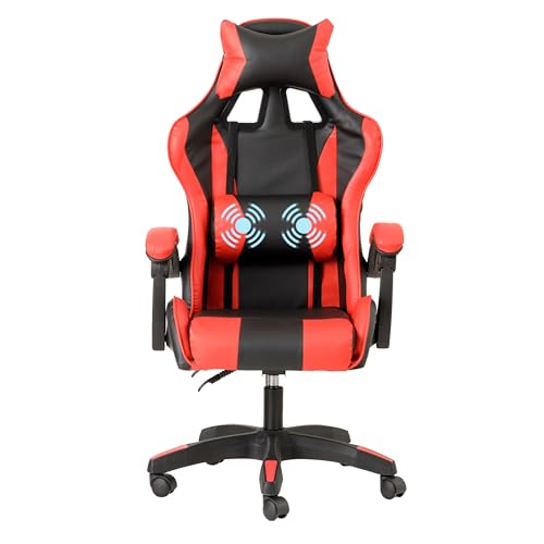 Baroni Home Massage Gaming -Stuhl, ergonomischer mit Lendenmassagegerät, Bürostuhl mit Verstellbarer Rückenlehne mit verstellbaren Kissen Kopfstütze und Rückenstütze, 50x55x117 cm, Rot von Baroni Home