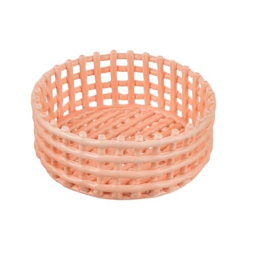 Baroni Home Mehrzweck-Korb aus Keramik, geflochten, Obstkorb, Tischdeko, Taschenleerer (rund, rosa) von Baroni Home