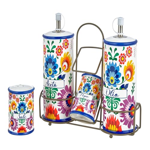 Baroni Home Menage Essigöl Salz Pfeffer aus Keramik mit Metallständer, bunt, strapazierfähig, Linie Flora, 21 x 8 x 22 cm Baroni Home Menage Essigöl Salz Pfeffer aus Keramik mit Metallständer, bunt, strapazierfähig, Linie Flora, 21 x 8 x 22 cm von Baroni Home