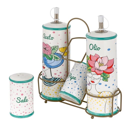 Baroni Home Ménage Öl, Essig, Salz und Pfeffer in dekorierter Keramik mit Metallständer, Widerstandsfähiges und farbenfrohes Küchenaccessoire, Stylish Linie, 21x7,5x22 cm von Baroni Home