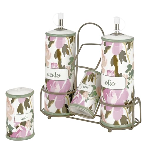 Baroni Home Menage Öl-Essig-Salz-Pfeffer aus Keramik mit Metallständer, farbenfrohes, langlebiges Küchenzubehör, Rose Line, 21X8X22cm Baroni Home Menage Öl-Essig-Salz-Pfeffer aus Keramik mit Metallständer, farbenfrohes, langlebiges Küchenzubehör, Rose Line, 21X8X22cm von Baroni Home