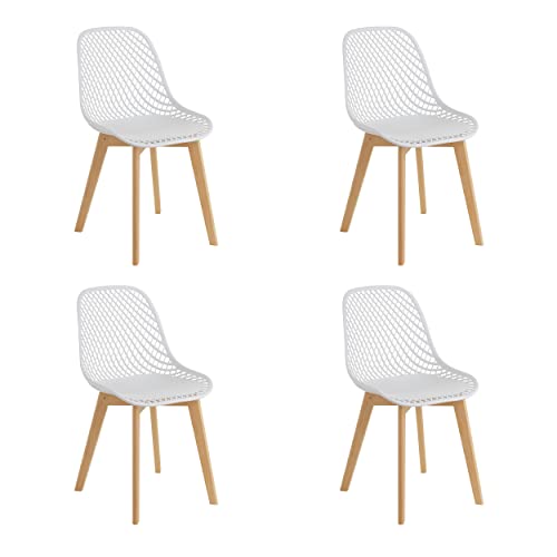 Baroni Home Moderner Stuhl mit Holzbeinen, ergonomischer Bürostuhl mit geschnitzter Textur, Esszimmerstuhl max. 130 kg, 48x43x84 cm, Weiß, 4 Stücke von Baroni Home