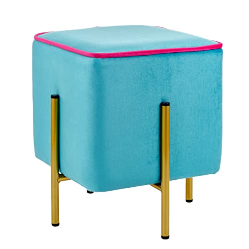 Baroni Home Quadratischer Samt Pouf Fußhocker, gepolsterter Wohnzimmer Pouf, Ottomane für Schlafzimmer, Türkis mit Fuchsia Rand, 33x33x38 cm von Baroni Home