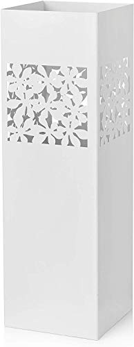 Baroni Home Quadratischer Schirmständer aus Metall mit rechteckige Blumenschnitzung, mit zwei Haken und abnehmbarer Regenschale, Weiß, 15,5x15,5x49 cm von Baroni Home