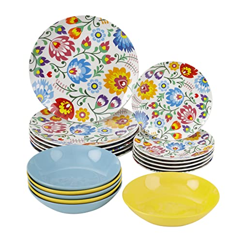 Baroni Home Teller-Set, 18 Teile aus Porzellan und Steingut, Tellerservice für 6 Personen, Bunte Tischplatten, Blumen Muster von Baroni Home